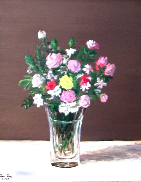 boeketje; bloemen; vaas; alla prima; stilleven