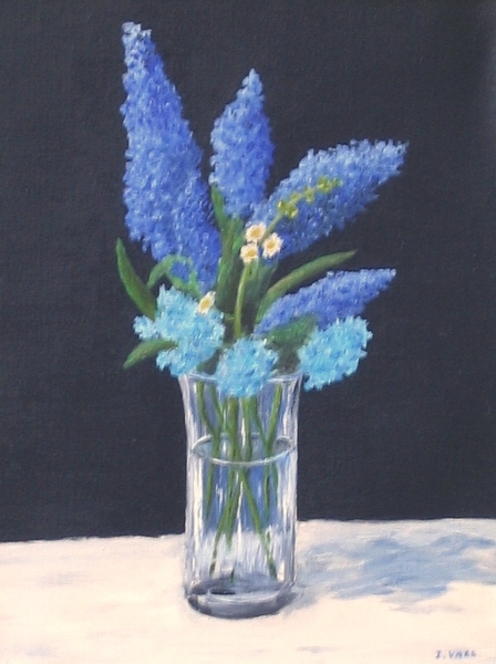 blauw; boeketje;  vaas; stilleven;