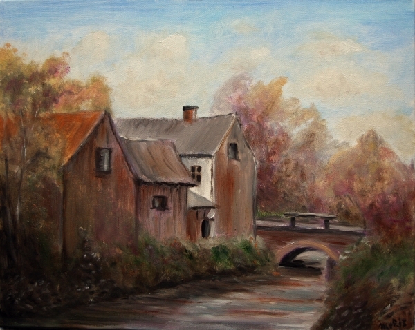 schilderij riviertje bruggetje
