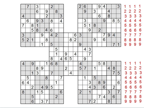 5 Sudokus met overlap en cijfers