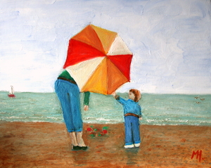 Strand , moeder en kind