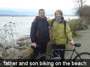 father and son biking on the beach