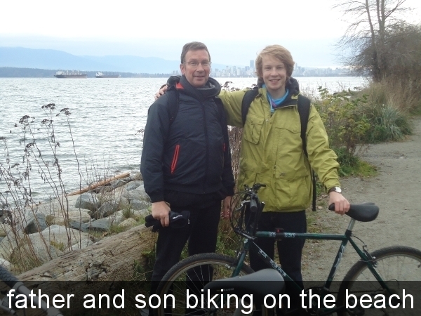 father and son biking on the beach
