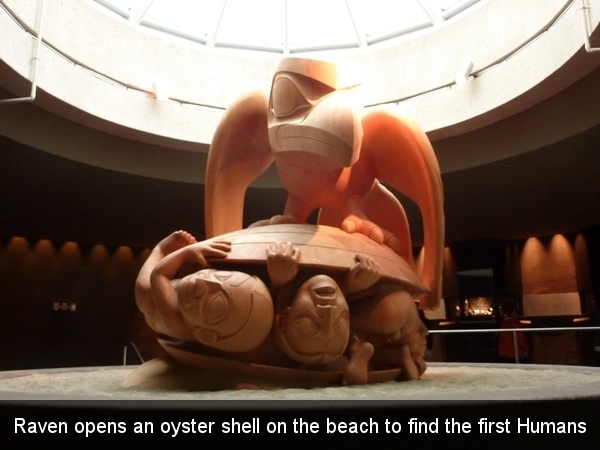 Raven opens an oyster shell on the beach to find the first Humans