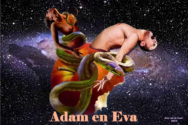 ADAM EN EVA, DE SLANG, GODDELIJKE SCHEPPING, MENSELIJKE SCHEPPING, DE HOF VAN EDEN, JANVANDELAARWEERT.