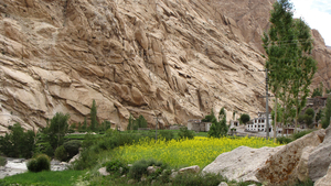 DORPJE GELEGEN LANGS DE INDUS TEGEN DE BERGWAND