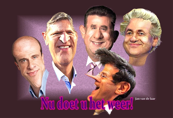 NU DOET U HET WEER!,VERKIEZINGEN,POLITIEK DEBAT,GEERT WILDERS,MARK RUTTE,DIEDERIK SAMSON, SIJBRAND VAN HAERSMA BUMA,EMILE ROEMER,PINOKKIO,POLITIEK,KARIKATUUR, JANVANDELAAR