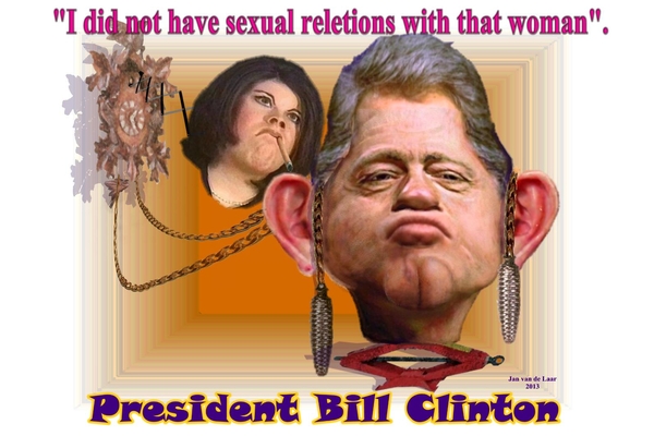 BILL CLINTON, MONICA LEWINSKY, I DID NOT HAVE SEXUAL RELETIONS WITH THAT WOMAN. KOEKOEK. KARIKATUUR,  JANVANDELAARWEERT.