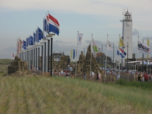 Aankomst bij de vele zand Sculpturen