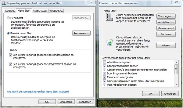 Menu  Start.... en Klassiek menu start aanpassen