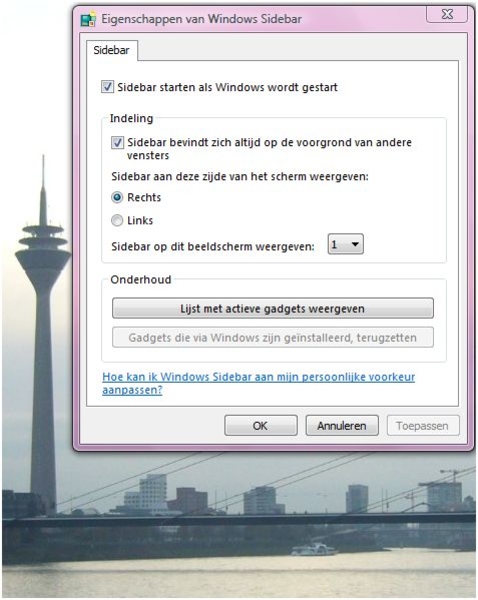 Eigenschappen van Windows Sidebar