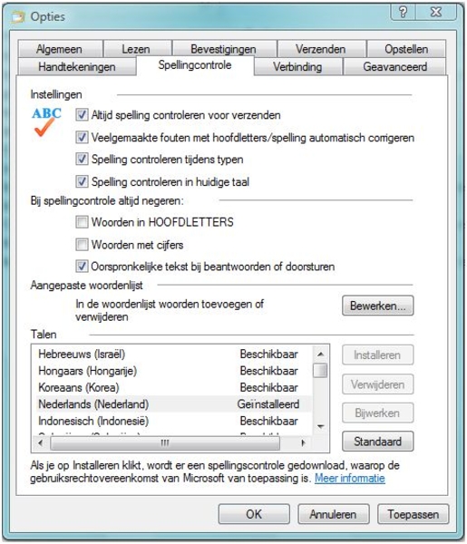 Nederlands Spellingcontrole en  opties....
