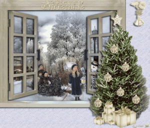 Prettige feestdagen venster en boom