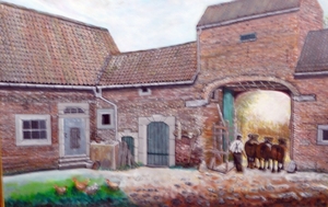 hoeve met poort paarden