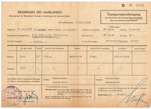 Transportvergunning naar Duisland in 1956