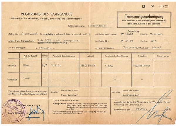 Transportvergunning naar Duisland in 1956