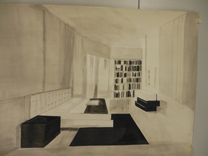 slaapkamer in perspectief - Oostindische inkt