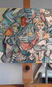 MENS EN DIER ( 40 x 40 ) aan zee