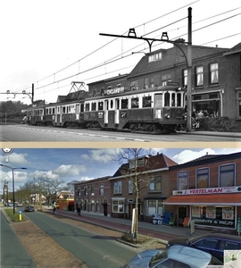 Voorschoten toen en nu De Leidseweg ter hoogte van de Tolstraat.