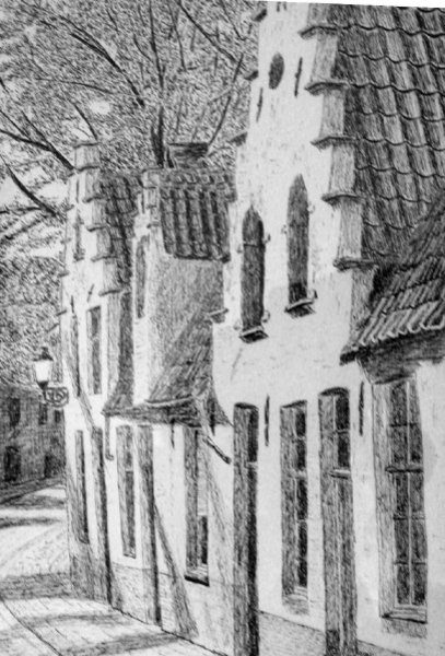 Brugge, middeleeuwse huisjes. (poltlood)
