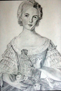 Dame met klein bloemenkorfje.(potlood)