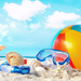 zomer-wallpaper-strandbal-snorkel-duikbril-zeester-schelpen-paras