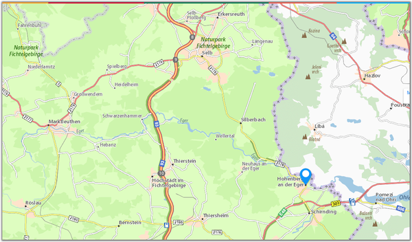 kaart v/h Fichtelgebergte met Selb en Hohenberg