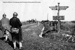 Belgishe militairen aan de kruising van de weg van Westrozebeke n