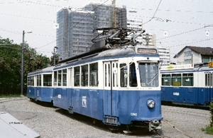 VBZ 1390 met bijwagen nr. 714 in Depot Kalkbreite. 1989