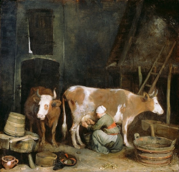 gerard_ter_borch__dutch_-_a_maid_milking_a_cow_in_a_barn_-_google