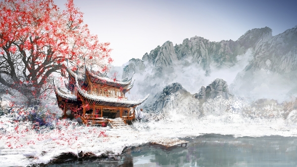 asian-tree-drawing-snow-landscape-hd-1080P-wallpaper