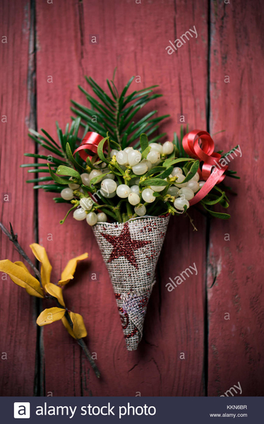 closeup-of-a-bunch-of-mistletoe-wrapped-in-a-festive-fabric-on-a-