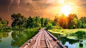 bridges-simple-wooden-bridge-lightning-storm-sunset-lake-wood-wal