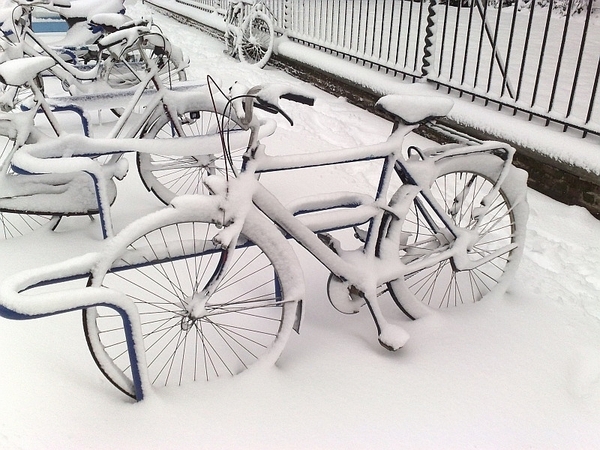 Winter-fietsen in de sneeuw
