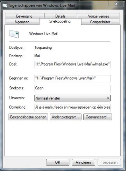 Eigenschappen van Windows Live mail