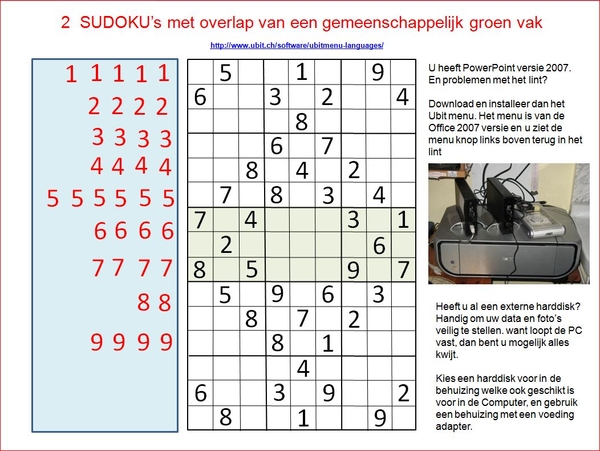 Sudoku met 15 vakken en groene overlap