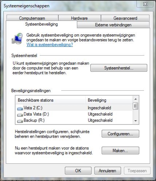 Herstelpunt maken in Vista en Windows 7