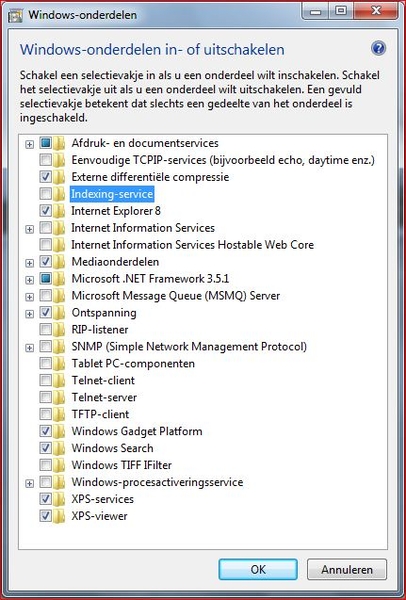 Windows 7 Onderdelen in of uitschakelen.