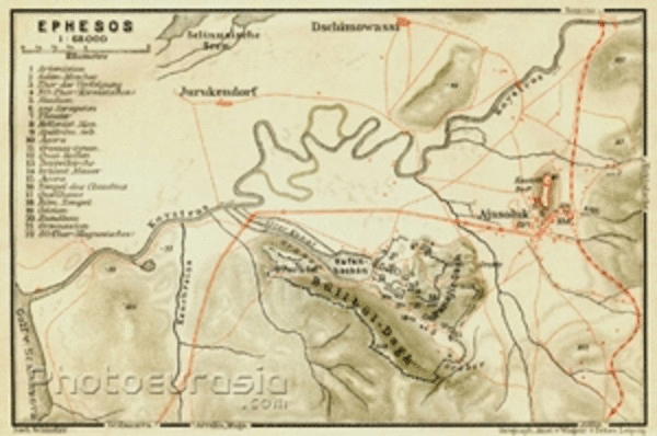 Oude kaart, met de liging van Ephesus, De Artemis tempel, en de l