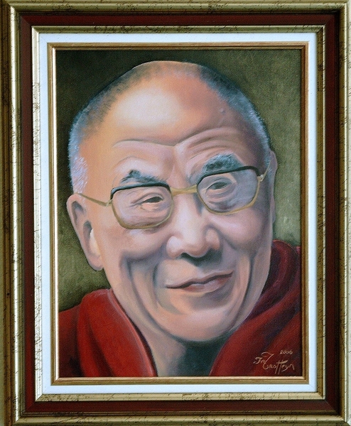 Dalai Lama, eigenhandig geschilderd met olieverf op doek