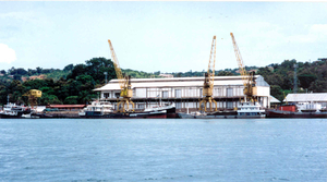 de haven van Kigoma , 3 kranen van Boomse metaalwerken uit 1960