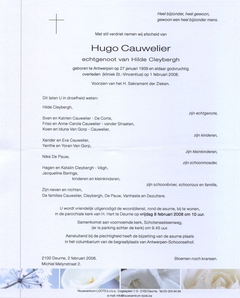 Hugo Cauwelier - Overlijdensbrief