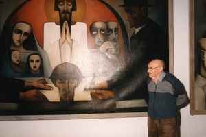 de kunstenaar in zijn atelier de Mart (95 jaar)