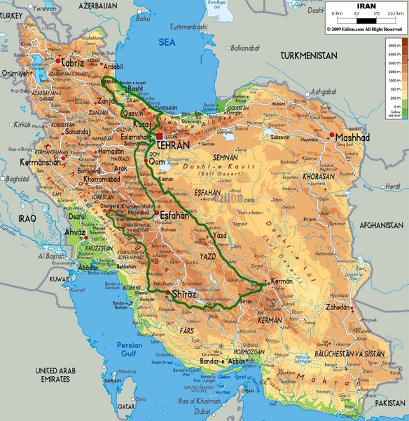 Map Iran met de route die we volgden
