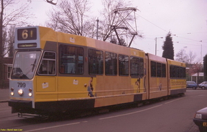 Cetabever-beits, GVB 799, Lijn 6, Stadionstraat, 18 april 1989.