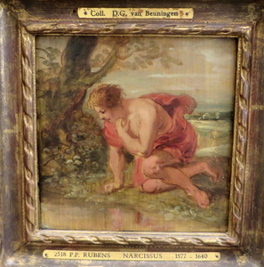 Narcissus wordt op zijn eigen spiegelbeeld verliefd