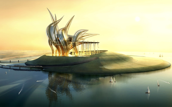 fantasy-wallpaper-with-hyper-modern-building-on-island