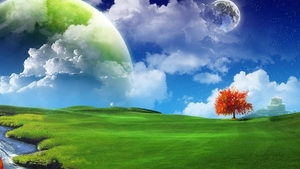 fantasy-wallpaper-with-green-hills-and-a-little-girl-and-red-tree
