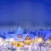 Kerst-achtergrond-met-dorpje-in-het-donker-bedekt-met-sneeuw