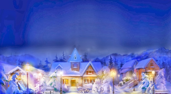 Kerst-achtergrond-met-dorpje-in-het-donker-bedekt-met-sneeuw